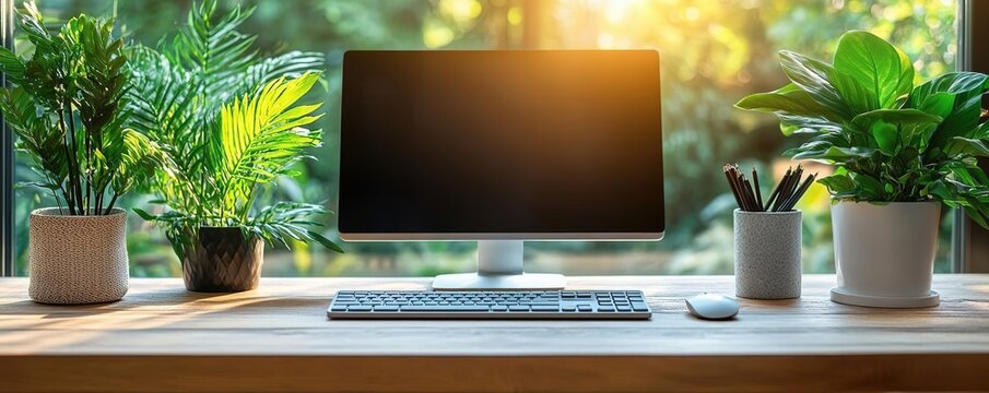 A serene workspace featuring a computer, keyboard, and lush plants, perfect for enhancing productivity and creativity.
