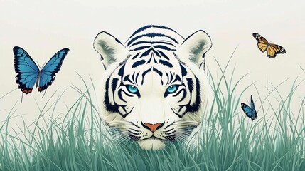 Fototapeta premium Majestic White Tiger in Lush Grass with Butterflies