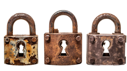 Three Set of old rusty padlocks isolated on transparent and white background, cut out png