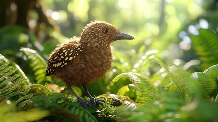 Obraz premium The Enchanting Kiwi: A Flightless Bird Amidst the Lush Green Ferns and Grass of Its Native Habitat