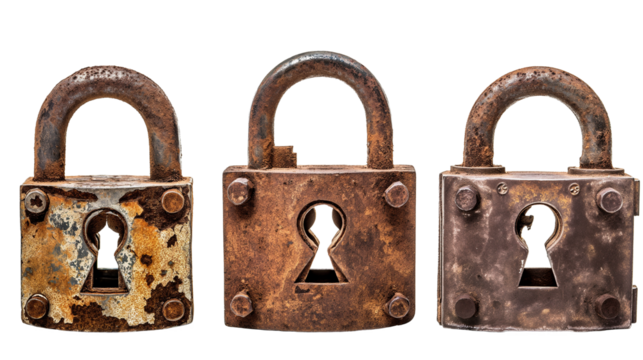 Three Set of old rusty padlocks isolated on transparent and white background, cut out png