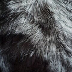 Close-up of an abstract faux black and white fur texture, showcasing soft, fluffy fibers in a blend of colors and patterns.