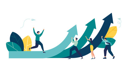 teamwork vision path goal success. study horizons work finding ways develop. people stand profit, growth arrows Career decision choosing direction choices for future opportunity vector illustration 