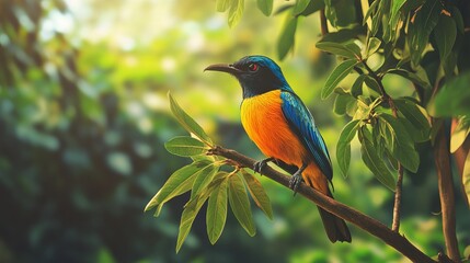 In the Heart of the Jungle: A Colorful Wild Bird Gracefully Perched on a Tree Branch, Celebrating the Vibrant Beauty of Nature and the Harmony of Exotic Wildlife
