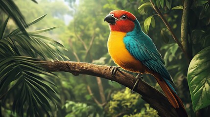 Obraz premium In the Heart of the Jungle: A Colorful Wild Bird Gracefully Perched on a Tree Branch, Celebrating the Vibrant Beauty of Nature and the Harmony of Exotic Wildlife