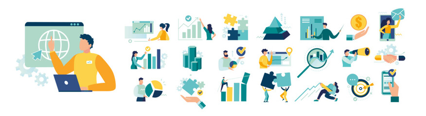 business graphs and charts team concept mega set. infographics Group workers work office. Collection Bundle of scenes with people men women, teamwork in office business activity. vector illustration 