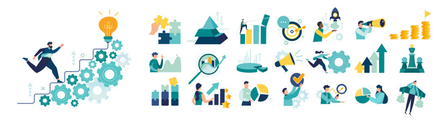 Success icon set business. Successful business development team work concept mega set, plan and process symbol business activity. people scenes icons vector collection. vector illustration