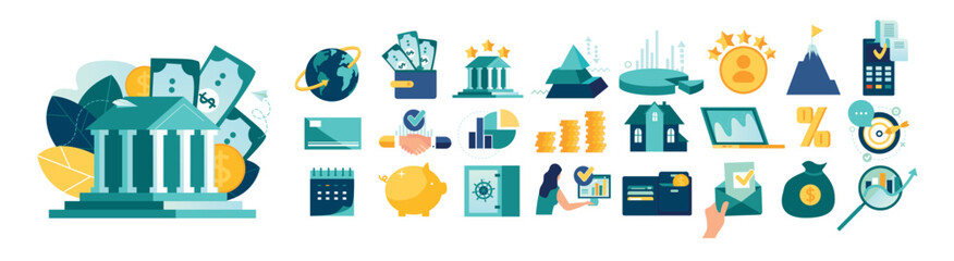 Loan interest rate set business. bank building money team work concept loan interest rate icon mega set, reduced interest rate for car home process symbol business activity people vector illustration