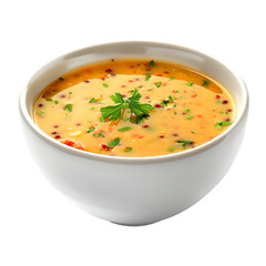 Bowl of rich soup topped with fragrant herbs, making a colorful and inviting display against a see-through backdrop