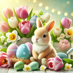 Obraz premium Easter Bunny with Colorful Eggs and Spring Flowers