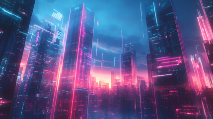 Obraz premium Futuristic tech hub with cybernetic augments, neon accents, and advanced ai.futuristic tech cityscape, neon, glossy, and metallic skyscrapers ai generated. Holographic City. Illustration
