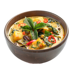 Tasty vegan thai curry with tofu, veggies, and coconut milk, topped with herbs and red chili slices in a cute ceramic bowl