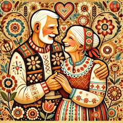 Folklore Style Elderly Couple with Floral and Heart Motifs