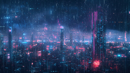 Gpt digital rain over cityscape, neon cyberpunk. Digital Rain. Illustration