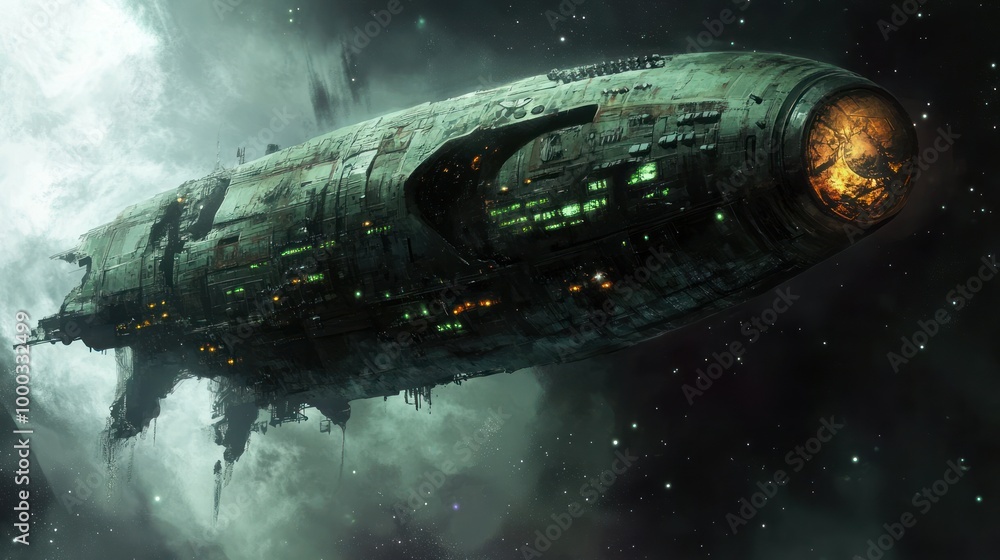 Poster a derelict spaceship with glowing windows and a burnt-out core, floating through a nebula.