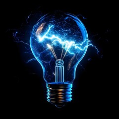 Bright blue light bulb with a lightning bolt, illustrating static electricity and the dynamic energy of modern technology.