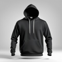 A plain black hoodie displayed against a neutral background, highlighting its design and features.