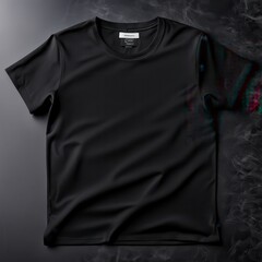 A plain black t-shirt displayed on a dark background, highlighting its design and texture.