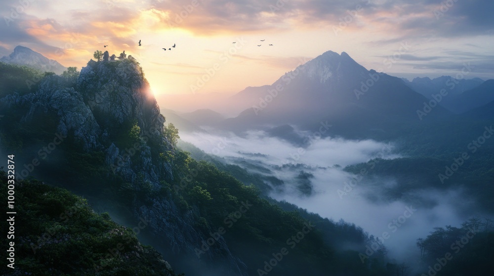 Wall mural Majestic Mountain Peak Bathed in Morning Mist with Birds in Flight