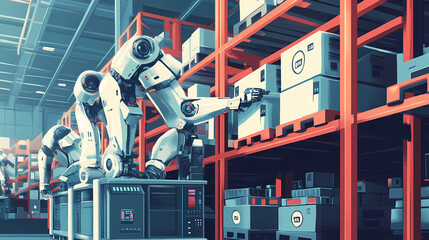 Innovative industrial robots work in warehouses to replace human labor. artificial intelligence concepts for industrial revolution and automation of production processes. Android Revolt. Illustration