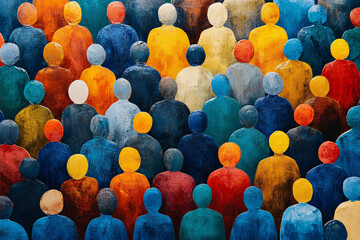 A painting of a crowd of people with different colored heads