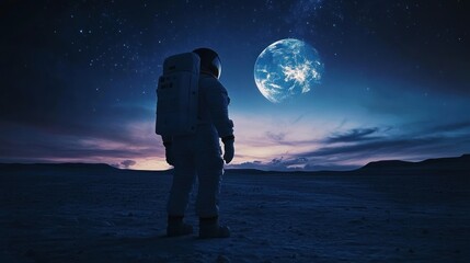 Astronaut Gazing at a Distant Earth-Like Planet in a Starry Night Sky