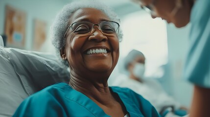 Happy senior black woman smiling in a nursing home, receiving care from a nurse in a hospice setting.