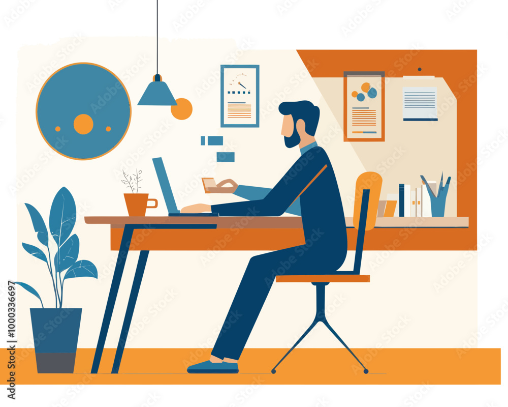 Poster hybrid work environment businessman working remotely and on-site in flat minimalist style post-covid