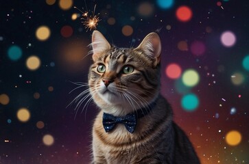 a cat with a blue bow tie in front of a colorful festive background