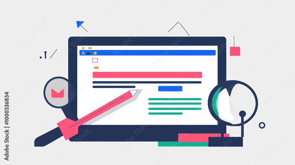 Poster modern flat design vector for seo concept with laptop and magnifying glass symbolizing search engine