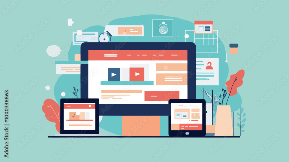 Poster responsive website builder concept for desktop, tablet, and mobile with flat design and ui elements
