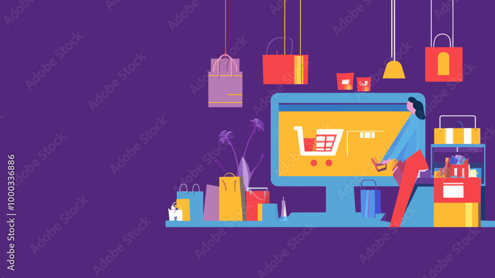 Poster colorful online shopping concept with woman using computer for ecommerce and digital purchases - mod