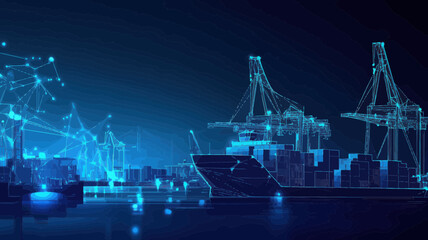 Fototapeta premium Digital Wireframe Trade Port with Cargo Ship, Containers, and Cranes - Low Poly Vector for Logistics, Transportation, and Worldwide Shipping Concepts