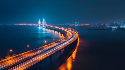 Obraz premium Night cityscape with a illuminated bridge and flowing traffic over water.