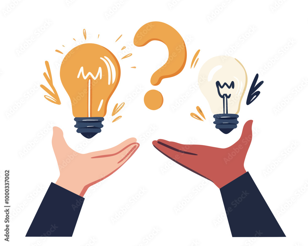 Poster business solution faq concept: businessman hand holding question mark with another hand holding ligh