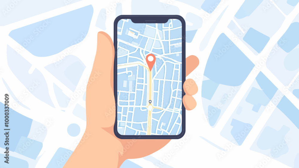Poster hand holding smartphone displaying map with navigation pin vector illustration for gps and location 