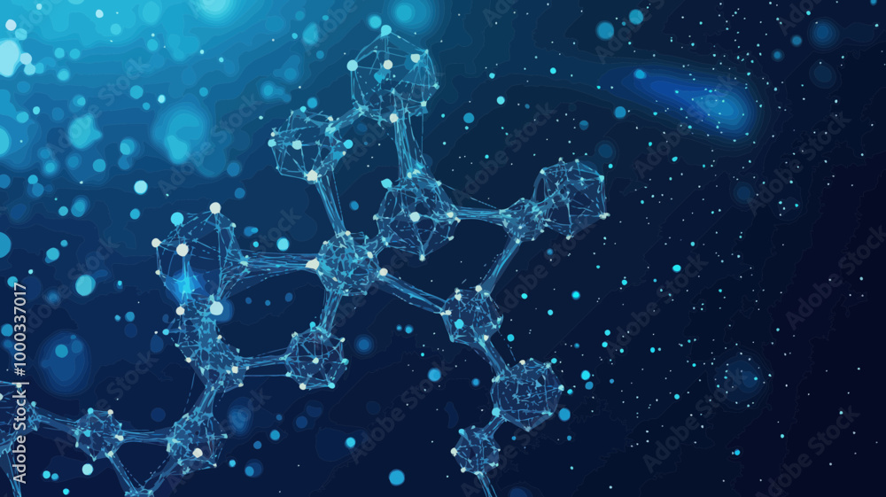 Poster abstract molecule model in low poly wireframe with connected dots - science and medical concept illu