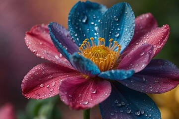 close up of pink and blue flower with water drops on it 