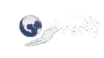 Abstract Polygonal Earth in Hand with Connected Starry Sky Network - Minimalist Vector Illustration for Business, Technology, and Innovation Concepts