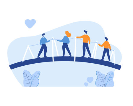 Business Team Collaboration Building Bridge Together in Minimalist Flat Vector Style Concept for Teamwork, Cooperation, and Partnership for Success