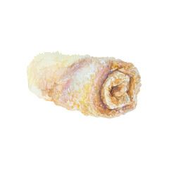 Terry towel rolled into a tube. Lavender SPA procedure. Hand drawn watercolor illustration isolated on white. For certificates and invitations, postcards, posters, banners, menus.