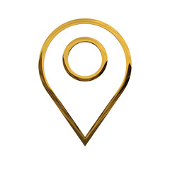 Minimal Location Pin Point Icon in 3D Chrome Metal with Shiny Golden Effect, PNG Transparent Background