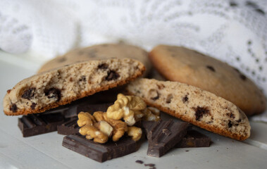 Close up photo of split chip cookies. Texture of delicious cookies