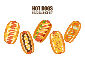 Delicious fast food illustration sets of fast food, homemade hot dogs, sandwiches, sausages, bread, top view, toppings, cooking, and fast food menus are isolated on a white background for advertising.