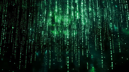 Matrix code rain wallpaper neon green alphanumeric symbols flowing down a black background. Digital Rain. Illustration
