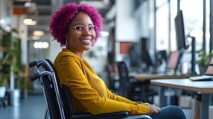 Joyful wheelchair-bound African American woman with pink afro hair in a vibrant, inclusive office environment.