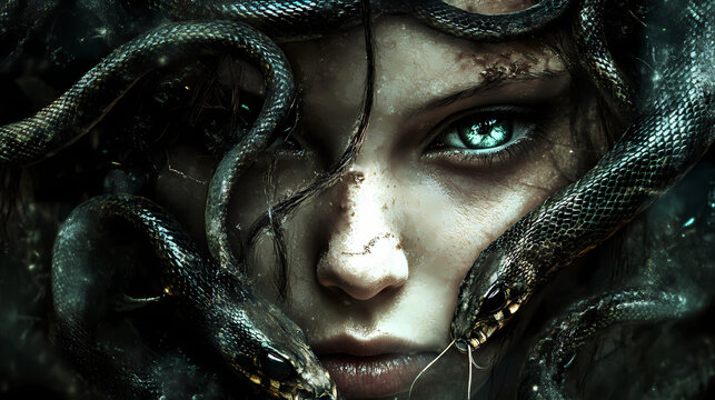 Medusa's curse and petrification. pretty intense gaze of greek mythology goddess queen medusa and her snake head. Medusa. Illustration