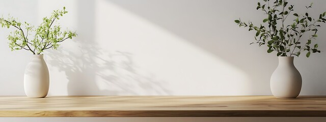 Kitchen wooden countertop on white wall background. Minimalistic room with tabletop and plant in vase for product presentation. Clean closeup mockup