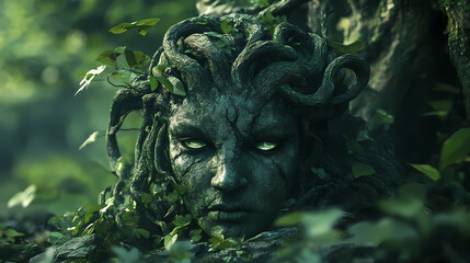 Mysterious medusa character in the forest. stone head. illustration. Medusa. Illustration
