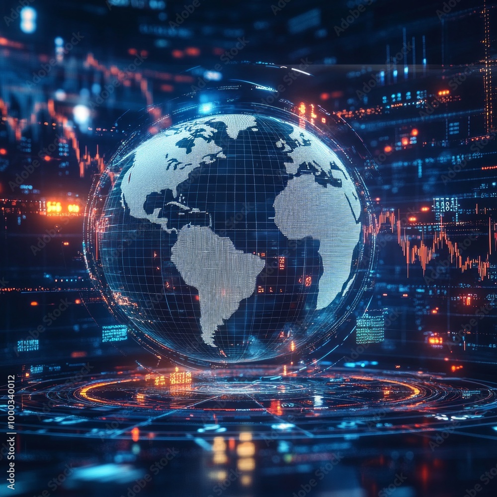 Poster a futuristic digital representation of the earth surrounded by glowing data streams. this image illu